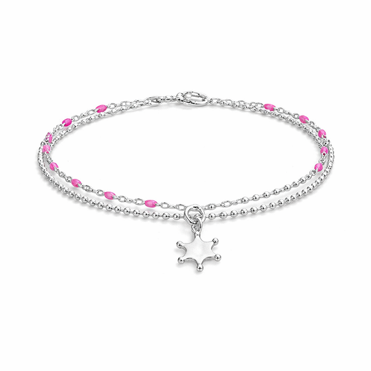 Bracelet double-rang femme argent 925 PINK WANTED, BABY GIRL – chaîne perles émaillées rose fluo & pendentif étoile shérif