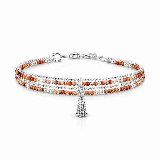 Bracelet multi-rangs femme argent 925 MANGO SMOOTHIE – perles de cornaline diamantées & pendentif pompon