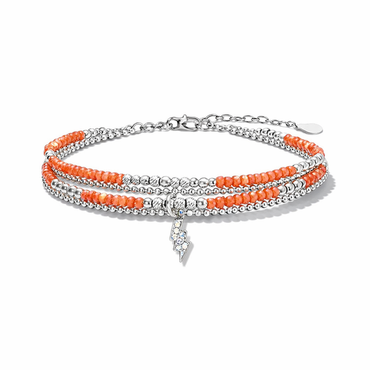 Bracelet multi-rang femme argent 925 LICK MY LIGHTNING, SUGAR – perles de corail bambou orange & pendentif éclair serti de zircons façon diamant