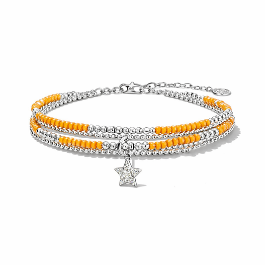 Bracelet multi-rangs femme argent 925 ALABAMA SLAMMER – perles de corail bambou orange & pendentif étoile cinq branches sertie de zircons façon diamant