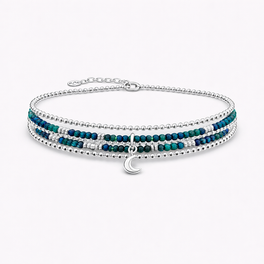 Bracelet femme multi-rang MOON ME HARDER, SHAWTY – perles de chrysocolle, pendentif lune bombée et argent 925
