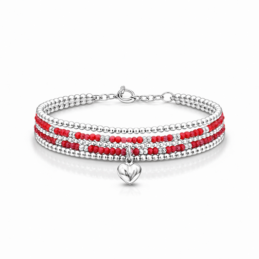 Bracelet femme multi-rang SMACK MY HEART, BABE – perles de corail bambou, pendentif cœur bombé argent 925