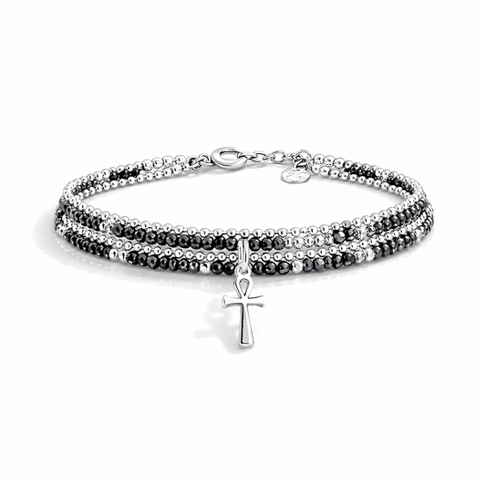 Bracelet multi-rang femme argent 925 ETERNAL BLING – perles d’hématite facettées & pendentif croix de vie Ankh