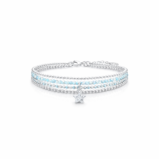 Bracelet multi-rang femme argent 925 STELLA SCINTILLA  perles d'aigue-marine & pendentif étoile zircon