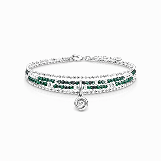 Bracelet femme multi-rang DIZZY & TIPSY – perles de malachite, pendentif spirale argent 925 et finitions argent