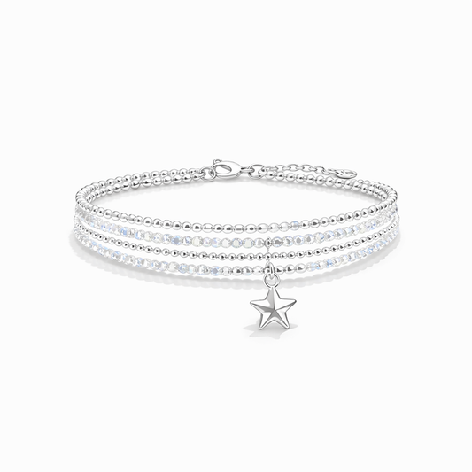 Bracelet multi-rangs femme argent 925 MEADOW – perles de pierre de lune arc-en-ciel, chaîne boules facettées scintillantes & pendentif étoile