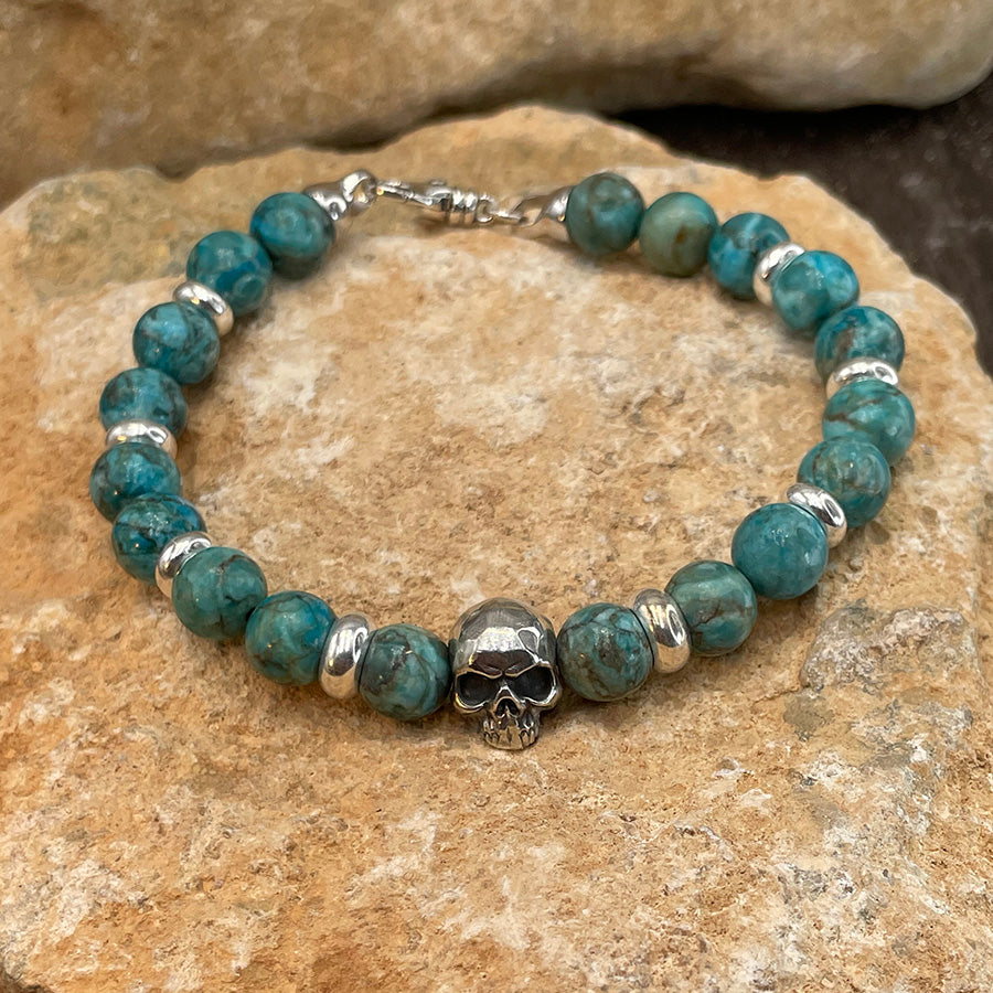 ESPERANZA SKULL BRACELET HOMME EN PERLES DE TURQUOISES SUD AFRICAINES ET INTERCALAIRE TÊTE DE MORT EN ARGENT 925