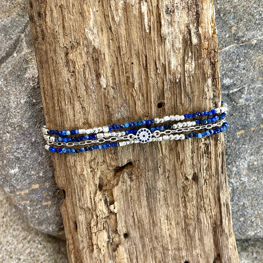 EYES IN THE SKY BRACELET MULTI-RANGS EN ARGENT 925 ET PERLES DE LAPIS LAZULI AFGHAN