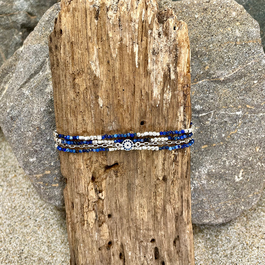 EYES IN THE SKY BRACELET MULTI-RANGS EN ARGENT 925 ET PERLES DE LAPIS LAZULI AFGHAN