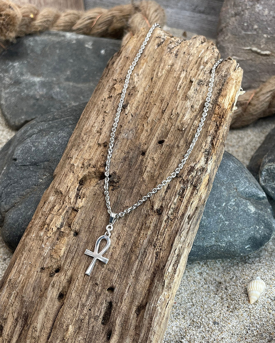 RÂ COLLIER UNISEXE CHAÎNE MAILLE FORÇAT ET PENDENTIF CROIX DE VIE ANKH EN ARGENT 925