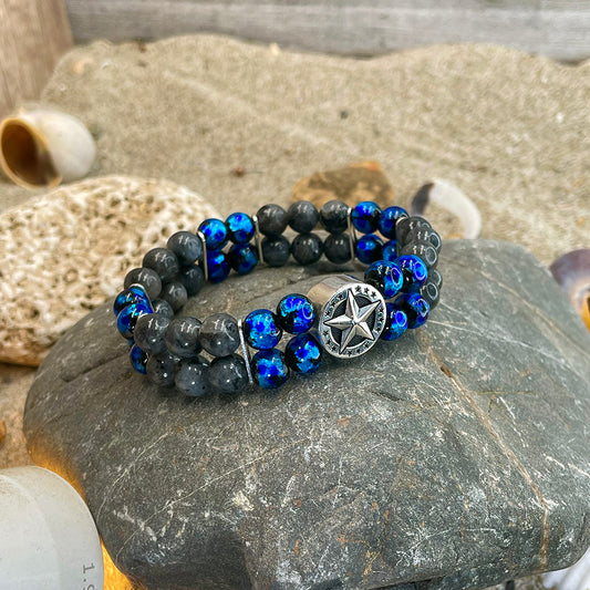 PENTACLE MEN'S DOUBLE ROW BRACELET BLACK AGATES BEADS AND STAR SPACER IN 925 SILVER