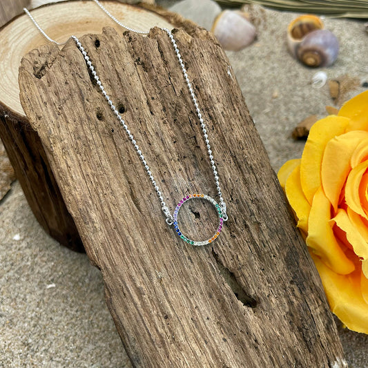 RAINBOW CIRCLE COLLIER CHAÎNE BOULES DIAMANTÉES PENDENTIF ROND ZIRCONS MULTICOLORES EN ARGENT 925