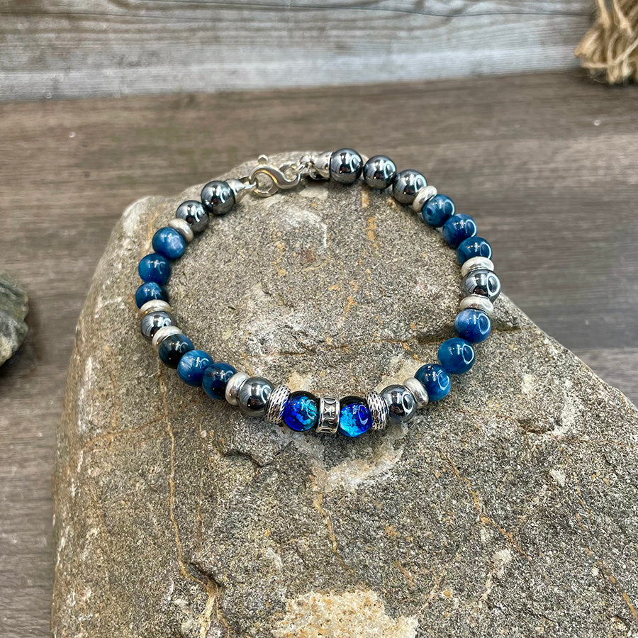 Bracelet homme ULTRA VIBE – perles de cyanite 8 mm, terahertz, donut signature, fermoir en 8 et argent 925