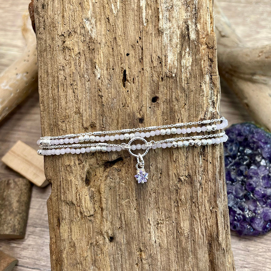 PLUM BRACELET MULTI-RANGS EN PERLES DE KUNZITE DU BRÉSIL ET PENDENTIF ÉTOILE EN ZIRCON ET ARGENT 925