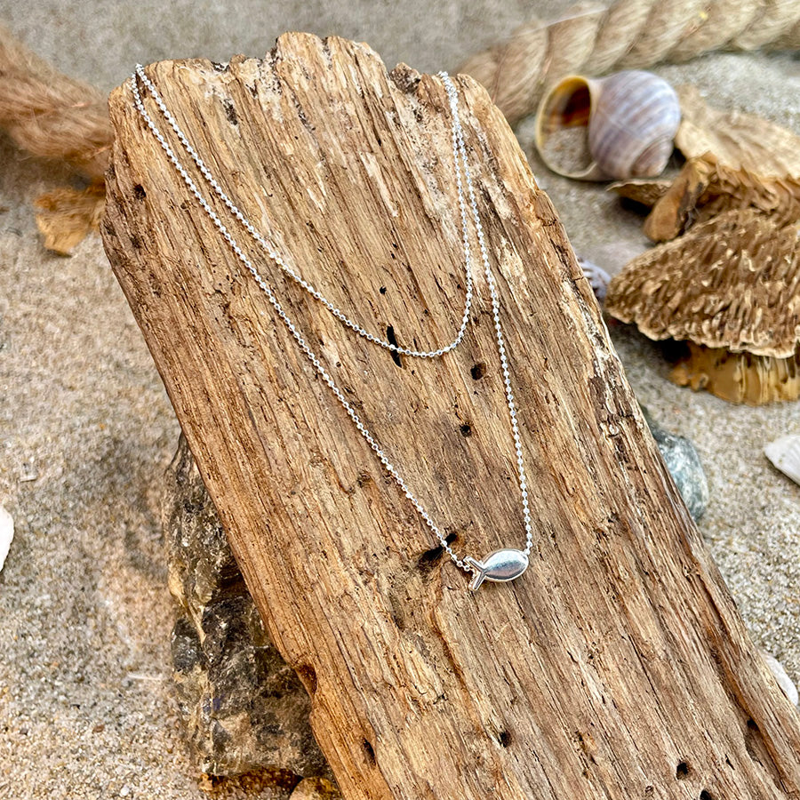 SUNFISH COLLIER CHAÎNE BOULES DIAMANTÉES DOUBLE RANG ET INTERCALAIRE POISSON EN ARGENT 925