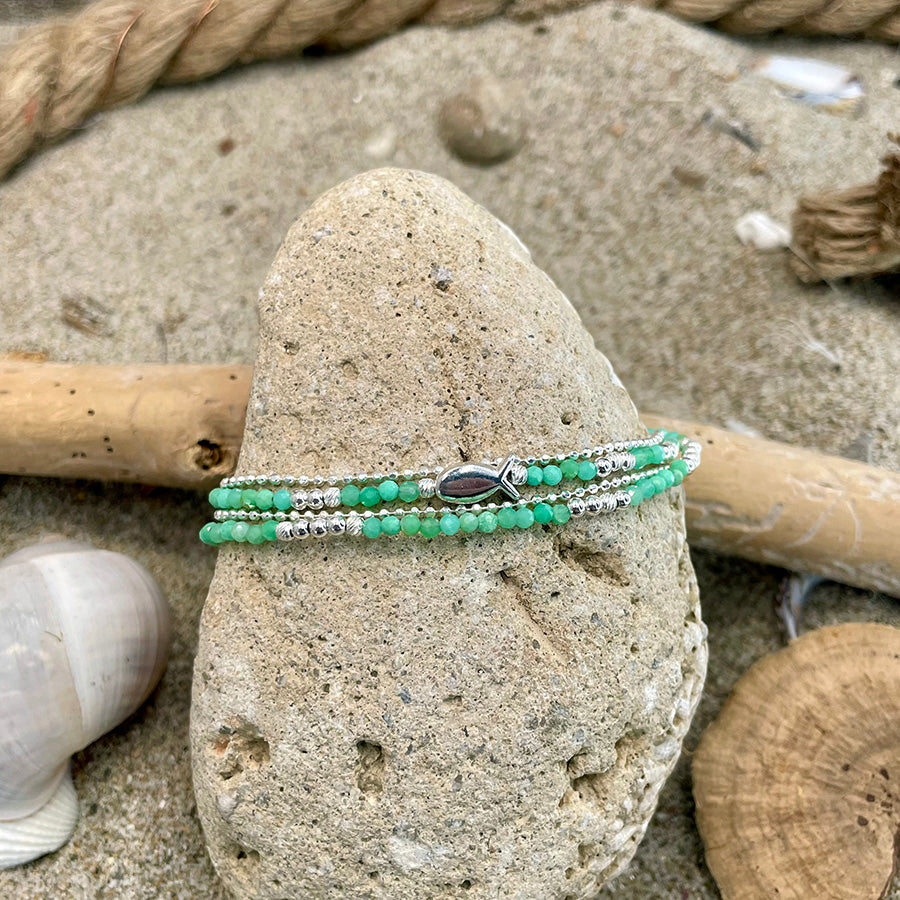 QUEEN OF THE REEF MULTI-ROW BRACELET IN CHRYSOPRASE PEARLS AND FISH IN 925 SILVER