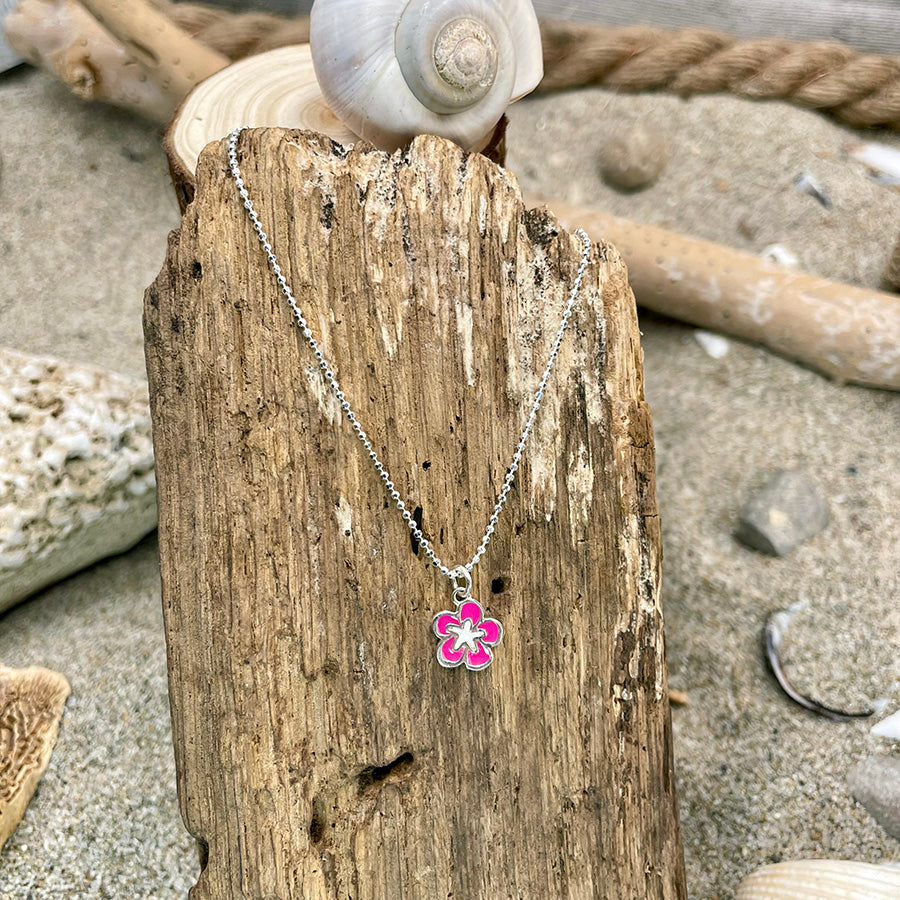 ROSE MALLOW COLLIER CHAÎNE BOULES DIAMANTÉES ET PENDENTIF HIBISCUS ÉMAIL FUCHSIA EN ARGENT 925