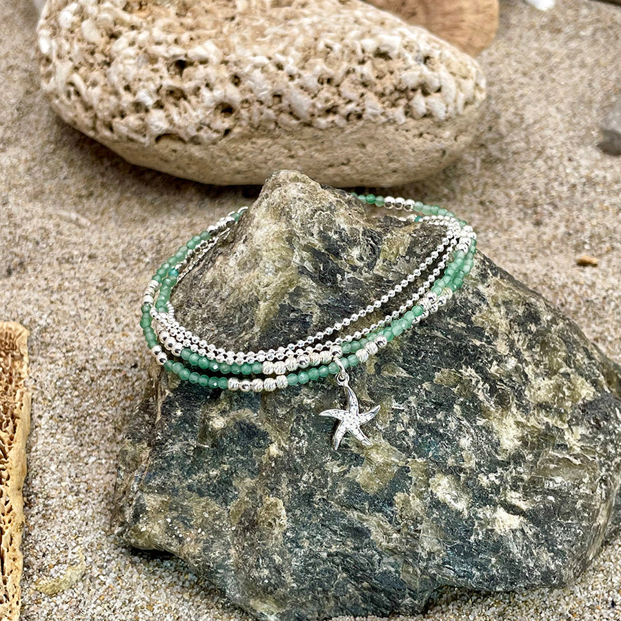 MOSS MULTI-ROW BRACELET IN AVENTURINE PEARLS AND STARFISH PENDANT IN 925 SILVER