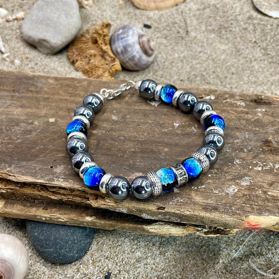 Bracelet homme NEON AFTERLIFE – perles de terahertz 10 mm, donut signature et fermoir mousqueton argent 925