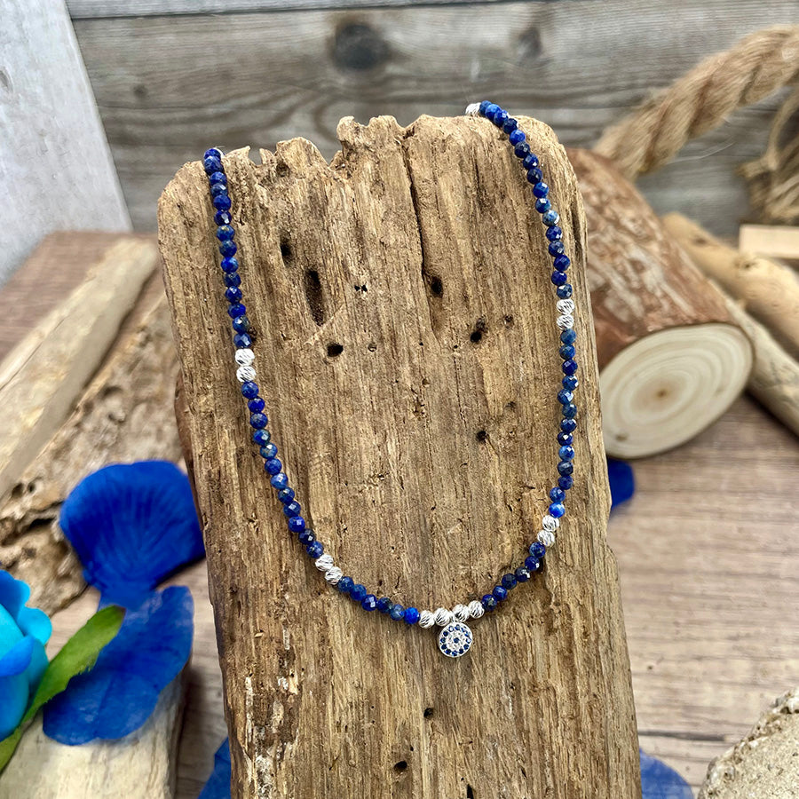 SULTAN COLLIER EN PERLES DE LAPIS LAZULI ET PENDENTIF ŒIL TURC ZIRCON EN ARGENT 925