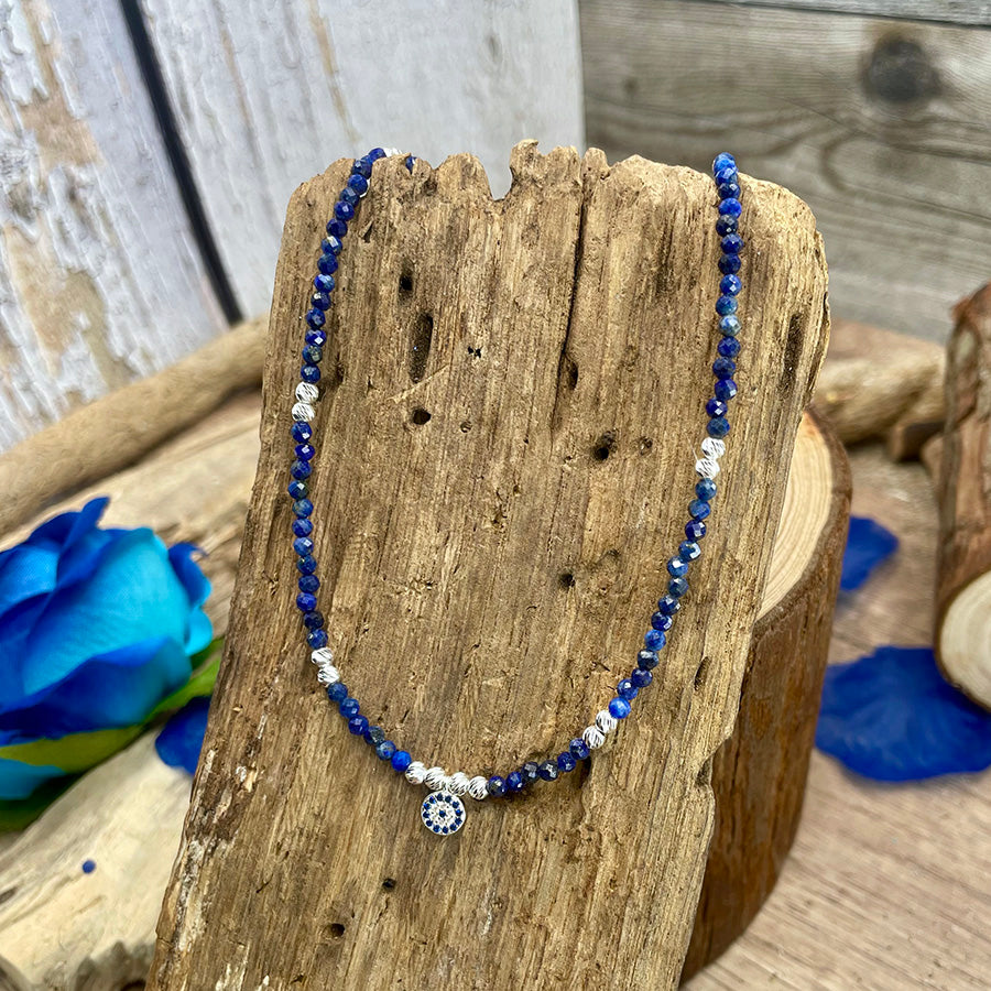 SULTAN COLLIER EN PERLES DE LAPIS LAZULI ET PENDENTIF ŒIL TURC ZIRCON EN ARGENT 925