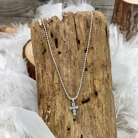 BELIEVE COLLIER CHAÎNE BOULES DIAMANTÉES PENDENTIF CROIX ZIRCONS EN ARGENT 925