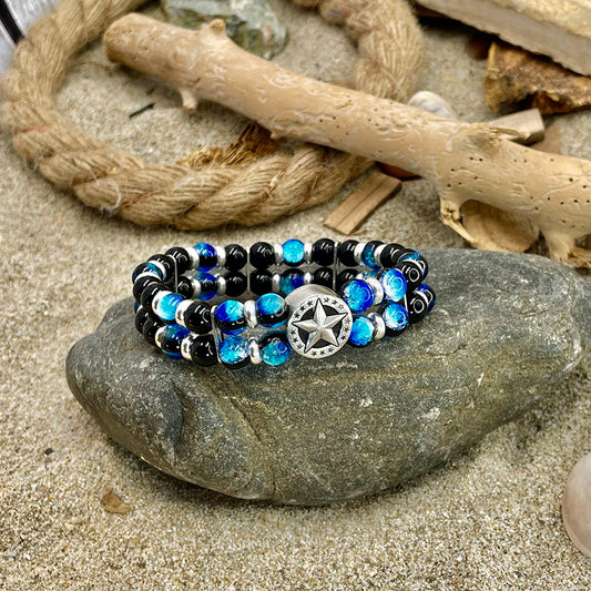 Bracelet homme double-rang MIDNIGHT GLOW – perles d’onyx 8 mm, perles lumineuses phosphorescentes, palet signature étoile et argent 925