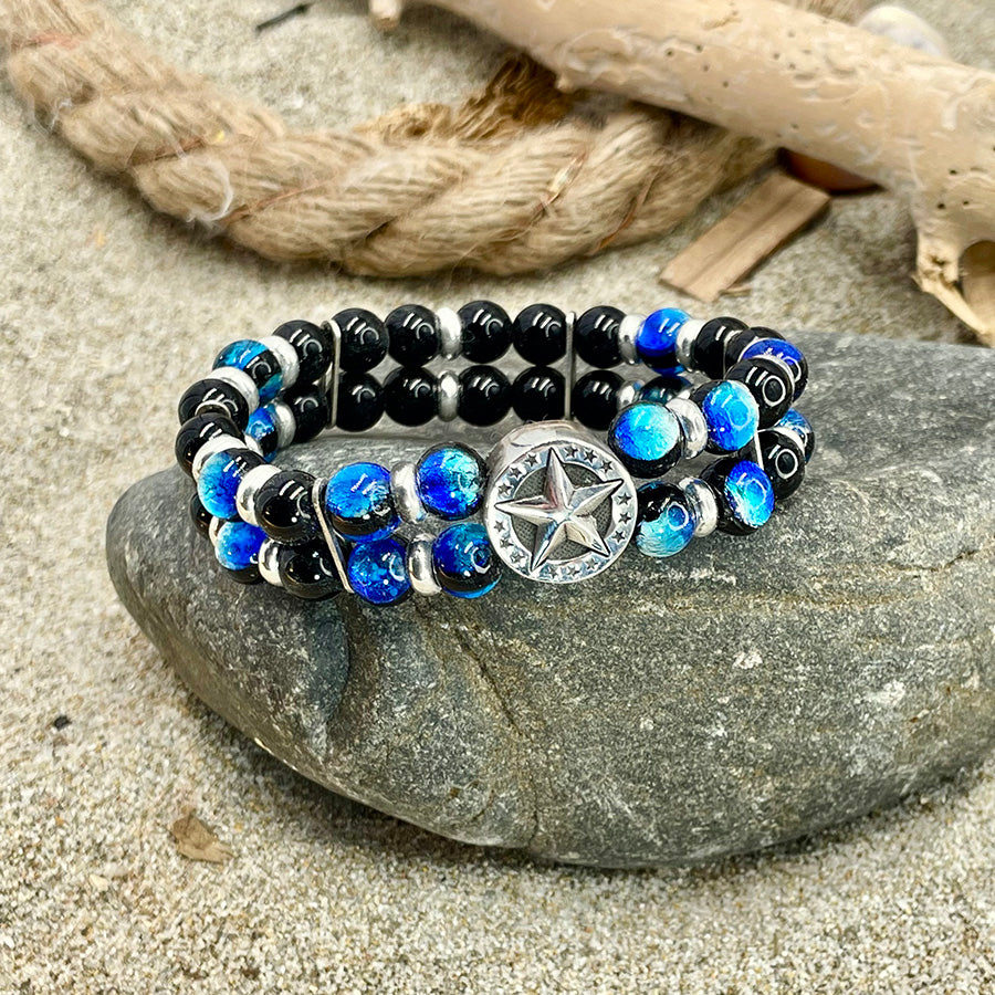 Bracelet homme double-rang MIDNIGHT GLOW – perles d’onyx 8 mm, perles lumineuses phosphorescentes, palet signature étoile et argent 925