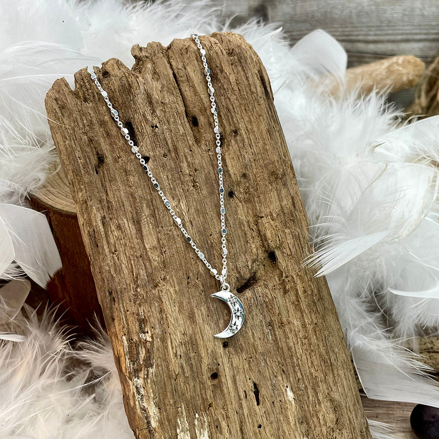 SLEEPING SATELLITE NECKLACE FORÇAT CHAIN ​​PENDANT MOON ZIRCONIA IN 925 SILVER