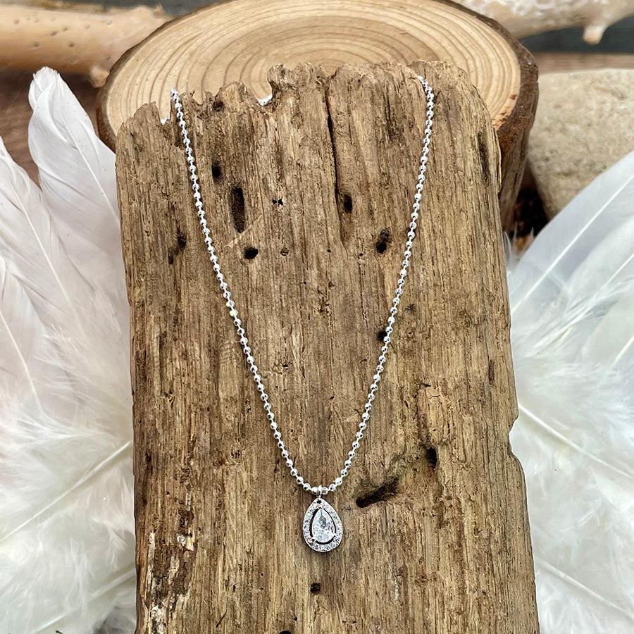 LOST COLLIER CHAÎNE BOULES DIAMANTÉES AVEC PENDENTIF GOUTTE RÉTRO PAVÉ DE ZIRCONS ET ARGENT 925