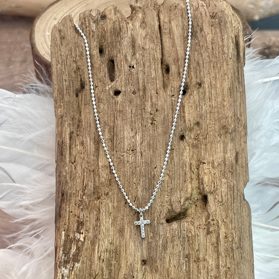 MINI PIETY COLLIER CHAÎNE BOULES DIAMANTÉES AVEC PENDENTIF MINI CROIX PAVÉ DE ZIRCONS EN ARGENT 925