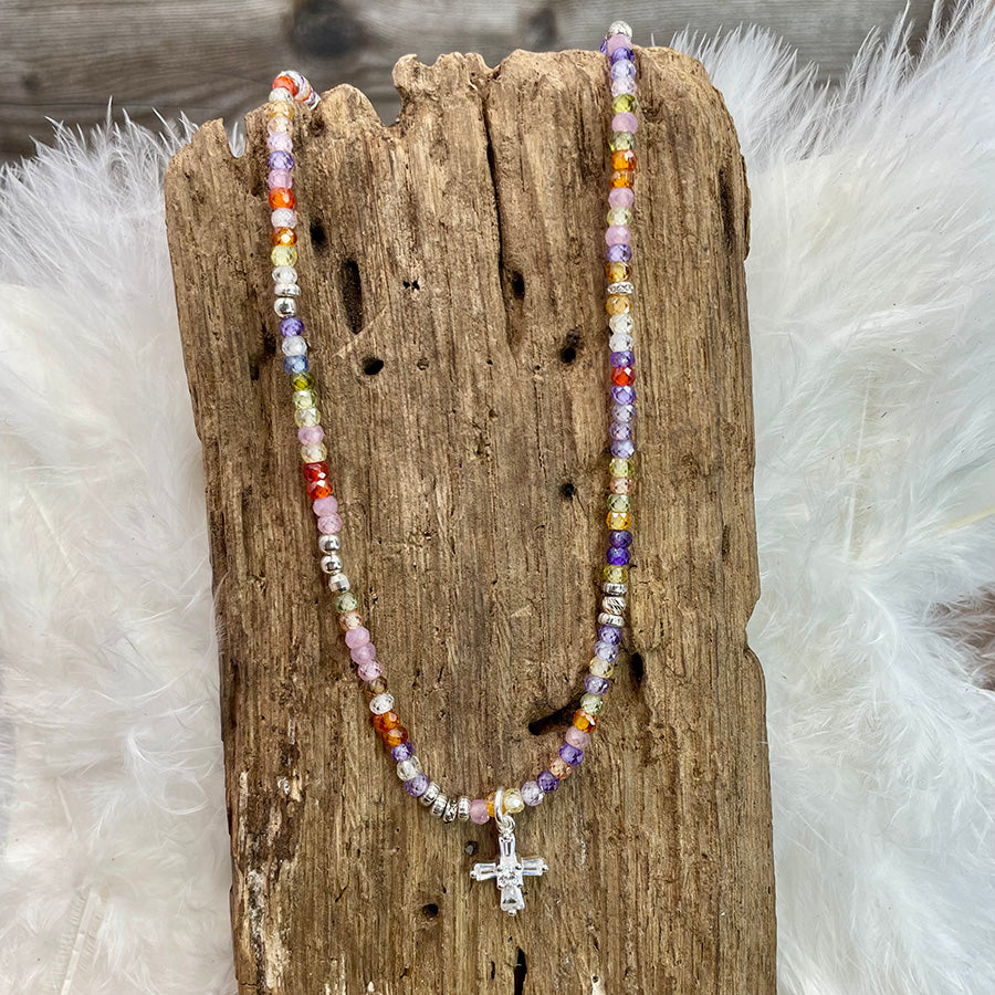 RAINBOW CROSS NECKLACE MULTICOLOR ZIRCONIA PEARLS 925 SILVER ZIRCONIA CROSS PENDANT