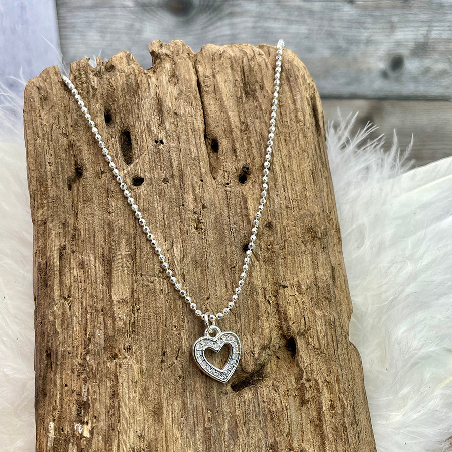 DIAMOND HEART COLLIER CHAÎNE BOULES FACETTÉES AVEC PENDENTIF CŒUR PAVÉ DE ZIRCONS ET ARGENT 925