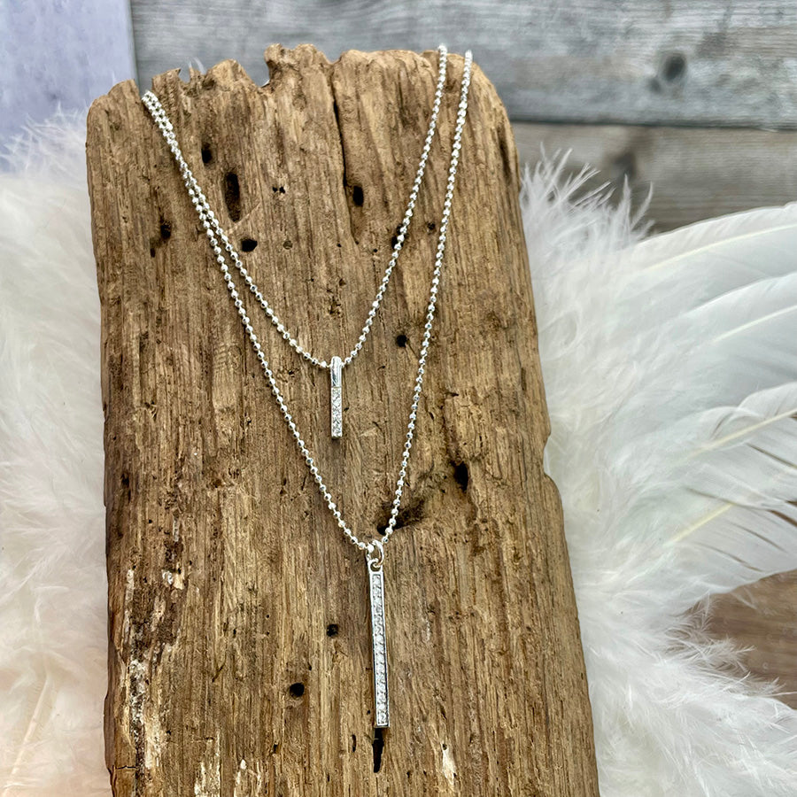 WONDERWALL DOUBLE RANT DIAMOND BALL CHAIN ​​NECKLACE AND VERTICAL BAR PENDANTS IN ZIRCONIA AND 925 SILVER