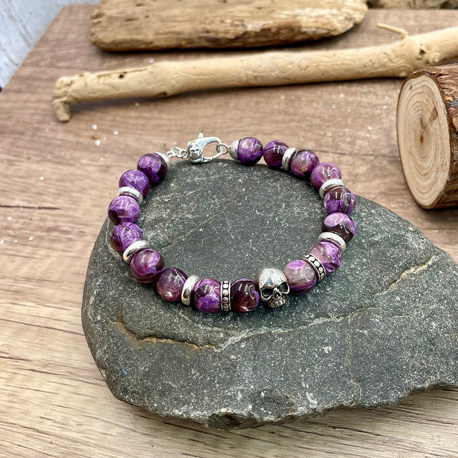 NEVERMIND MEN'S BRACELET IN LAPIS LAZULI BEADS AND SKULL SPACER IN 925 SILVER