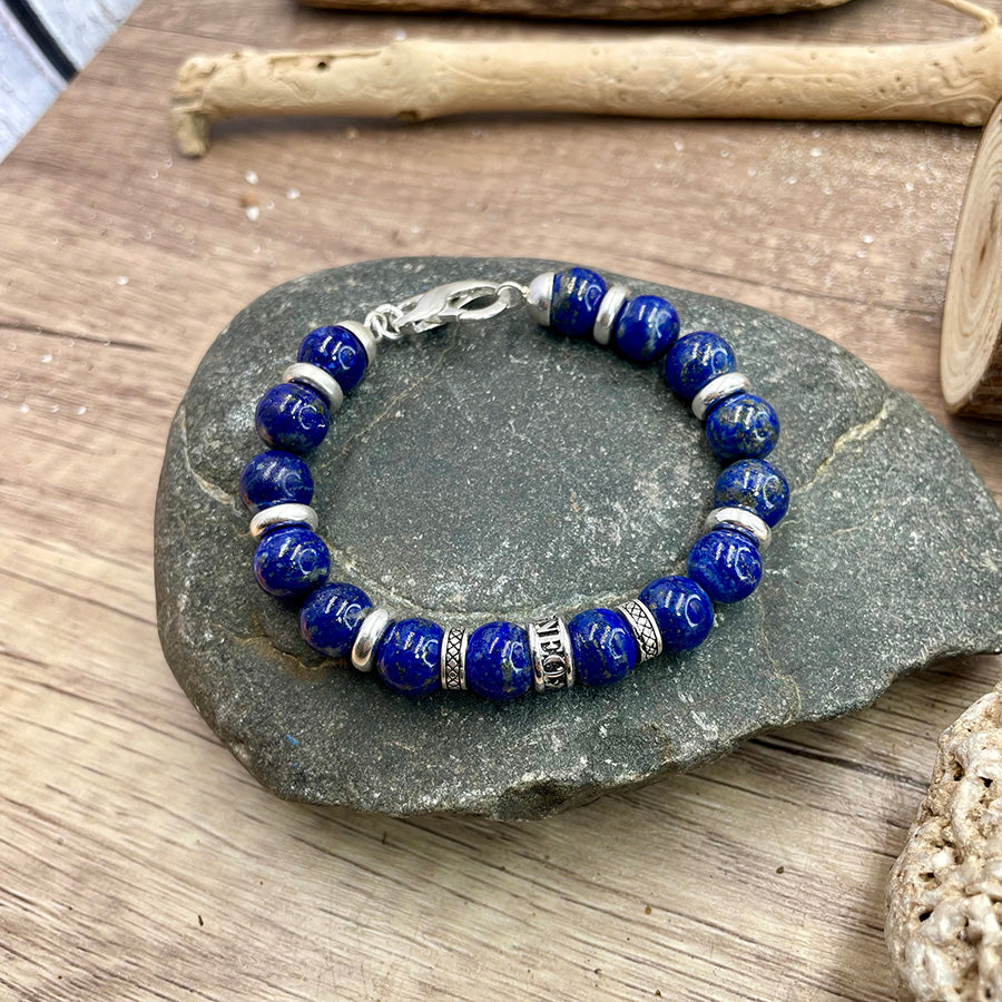 NEVERMIND MEN'S BRACELET IN LAPIS LAZULI BEADS AND SKULL SPACER IN 925 SILVER