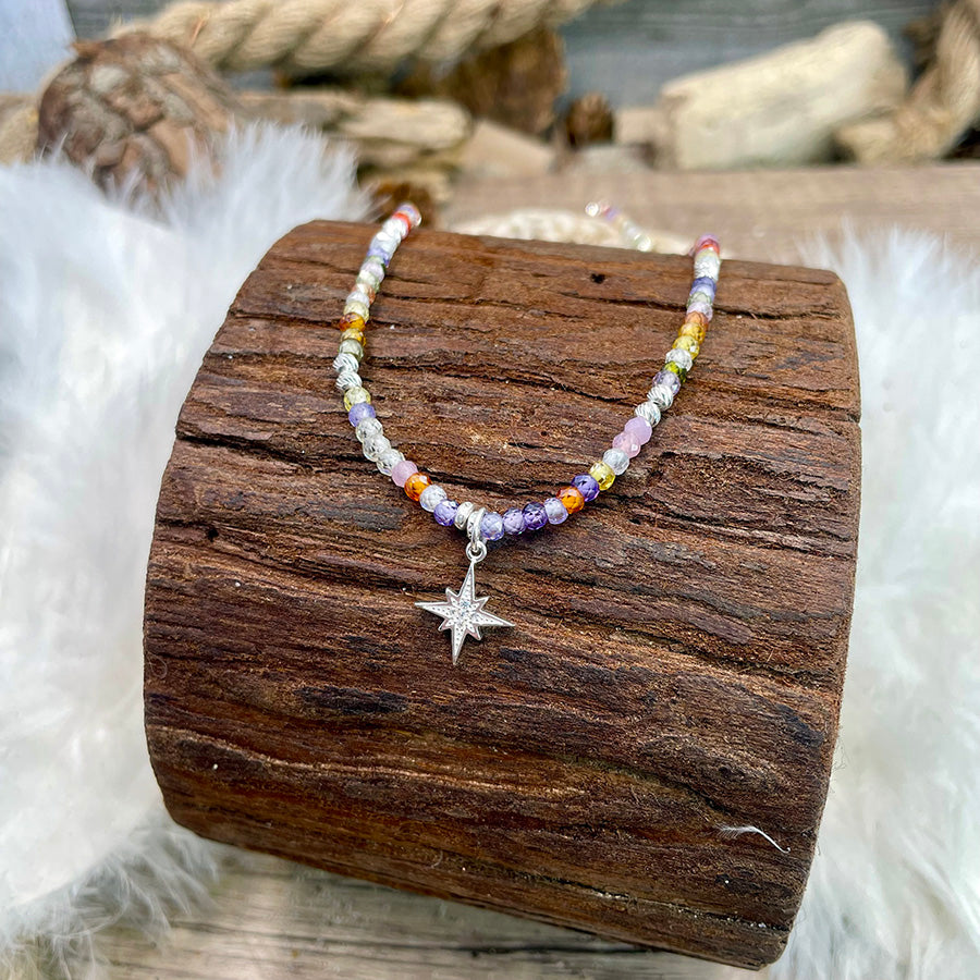 RAINBOW STAR NECKLACE MULTICOLOR ZIRCONIA PEARLS 925 SILVER STAR PENDANT