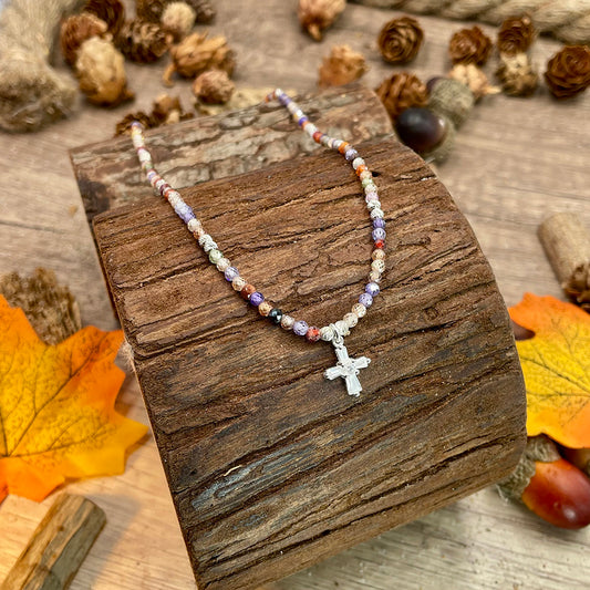 RAINBOW CROSS NECKLACE MULTICOLOR ZIRCONIA PEARLS 925 SILVER ZIRCONIA CROSS PENDANT