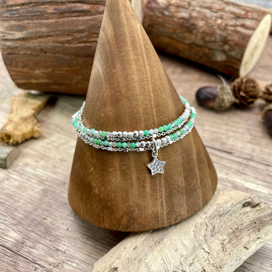 GREEN STARLITE MULTI-ROW BRACELET IN IRIDESCENT CRYSTAL BEADS AND ZIRCONIA AND 925 SILVER STAR PENDANT