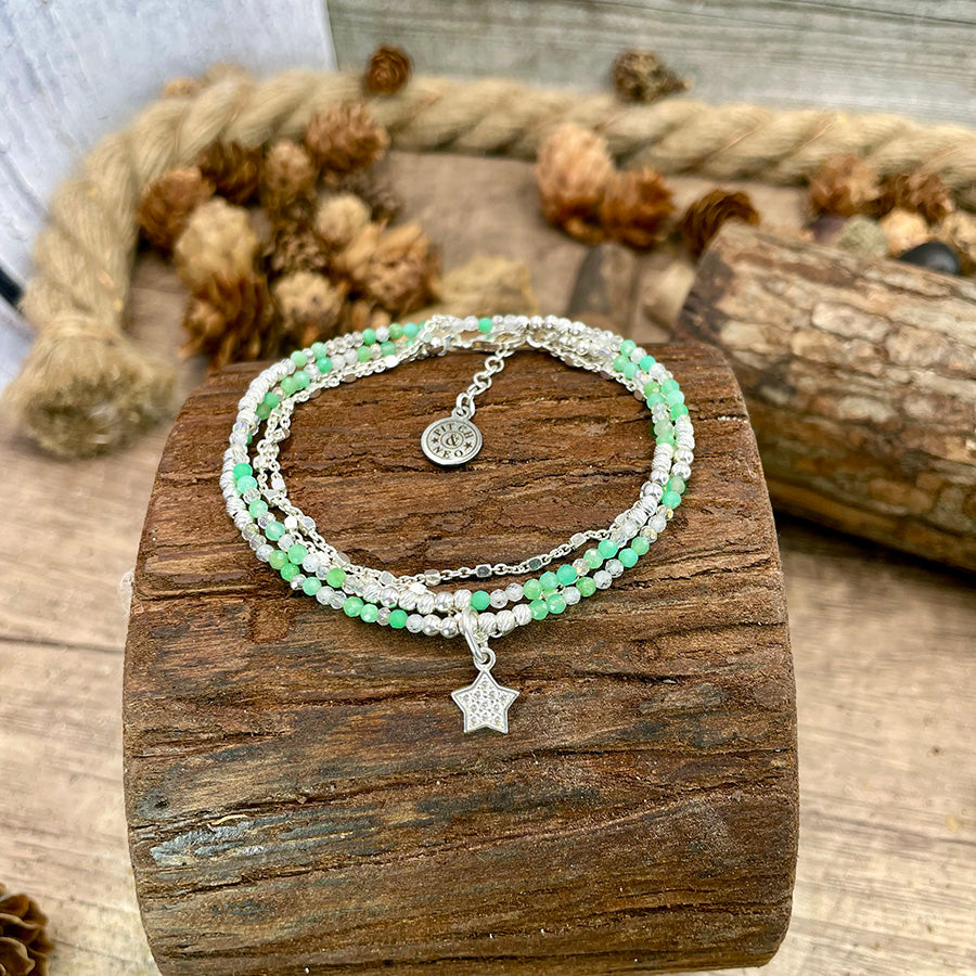 GREEN STARLITE MULTI-ROW BRACELET IN IRIDESCENT CRYSTAL BEADS AND ZIRCONIA AND 925 SILVER STAR PENDANT