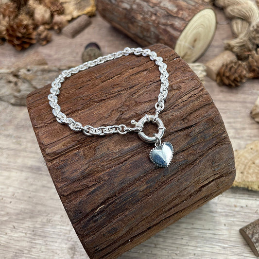 SMOOTH BRACELET MAILLE FORÇAT ÉPAISSE AVEC FERMOIR BOUÉE ET PENDENTIF CŒUR MIROIR EN ARGENT 925