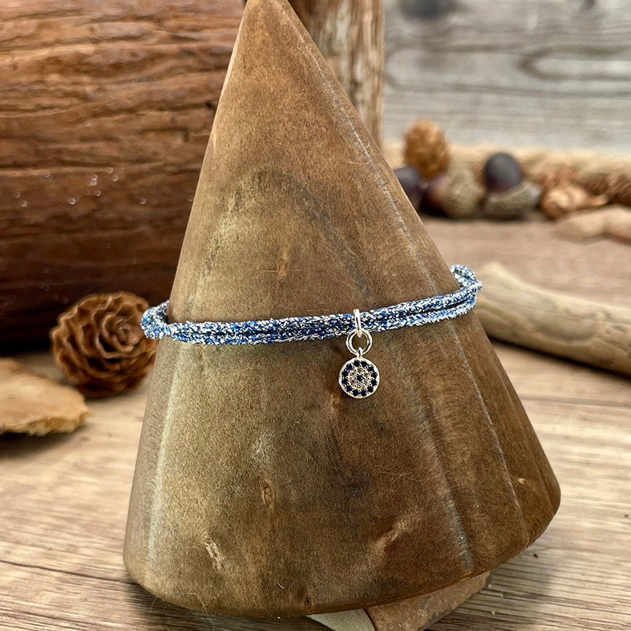 SKY WATCHER BRACELET CORDON SCINTILLANT EN LUREX BLEU MÉTALLISÉ AVEC PENDENTIF ŒIL TURC PROTECTEUR PAVÉ DE ZIRCONS EN ARGENT 925