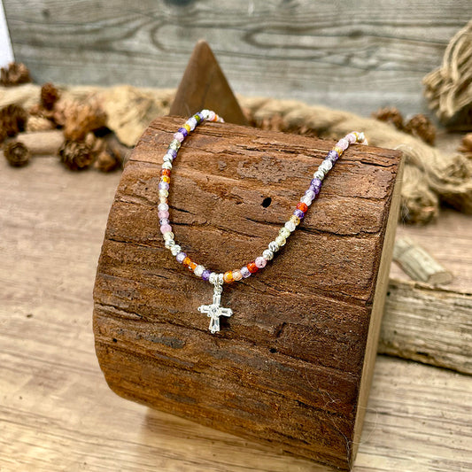 RAINBOW CROSS COLLIER EN PERLES DE ZIRCONS MULTICOLORES AVEC PENDENTIF CROIX ART DÉCO PAVÉ DE ZIRCONS EN ARGENT 925