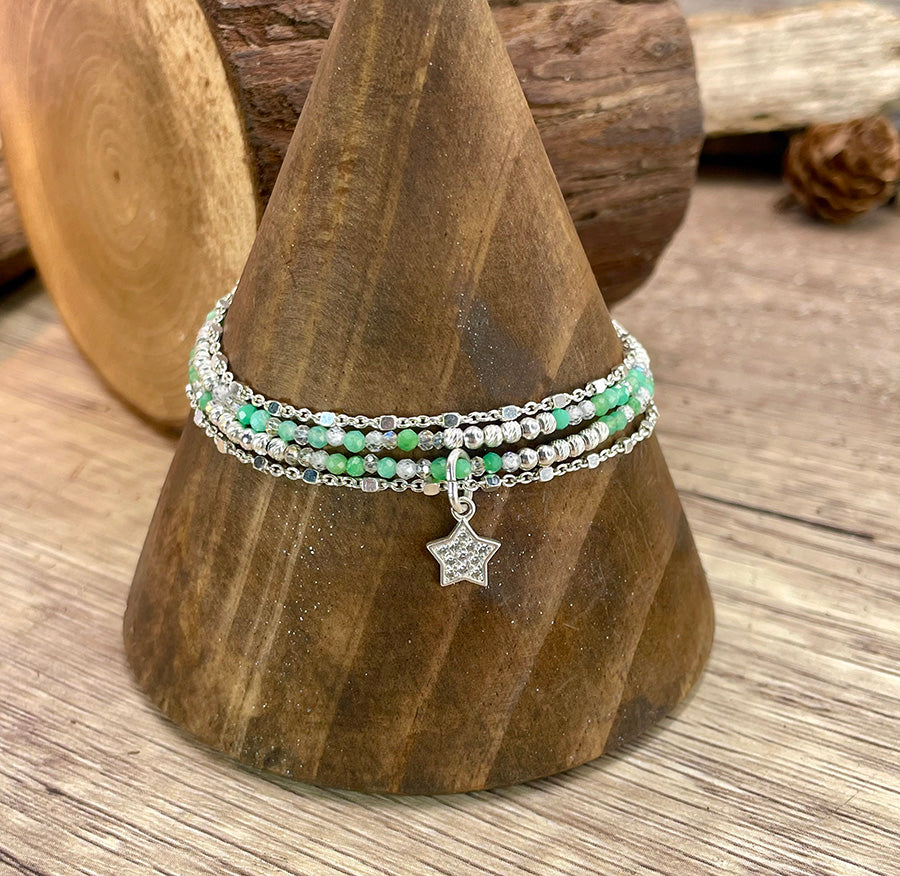 GREEN STARLITE MULTI-ROW BRACELET IN IRIDESCENT CRYSTAL BEADS AND ZIRCONIA AND 925 SILVER STAR PENDANT