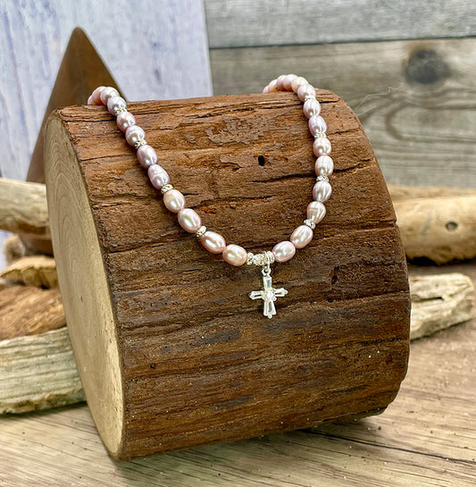 QUEEN OF PEARLS PINK FRESHWATER CULTURED PEARL NECKLACE AND ZIRCONIA CROSS PENDANT AND 925 SILVER