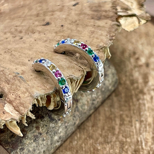 TINY HOOPS RAINBOW MULTICOLOR ZIRCONIA CREOLE RINGS IN 925 SILVER