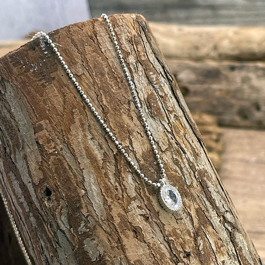 DIAMOND DROP COLLIER CHAÎNE MAILLE BOULES DIAMANTÉES AVEC PENDENTIF RÉTRO ZIRCON TAILLE OVALE SERTI CLOS EN ARGENT 925