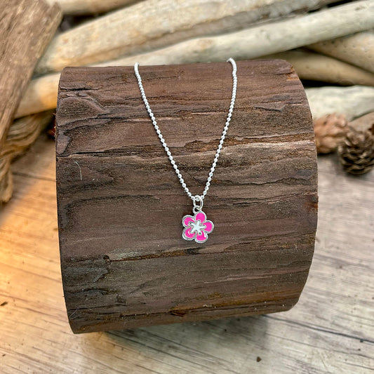 Collier femme ALOHA VIBES en argent 925 – Chaîne boules facettées & pendentif hibiscus rose fluo