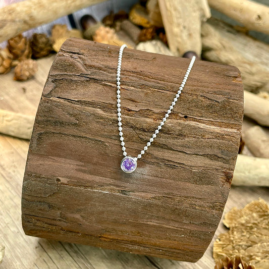 Collier femme VIOLET OBSESSION – chaîne boules facettées scintillantes et zircon violet façon solitaire en argent 925
