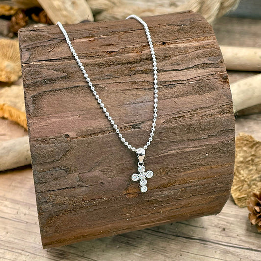 Collier femme GLITTER MY FAITH – croix effet bubble pavée de zircons et chaîne boules facettées scintillantes en argent 925